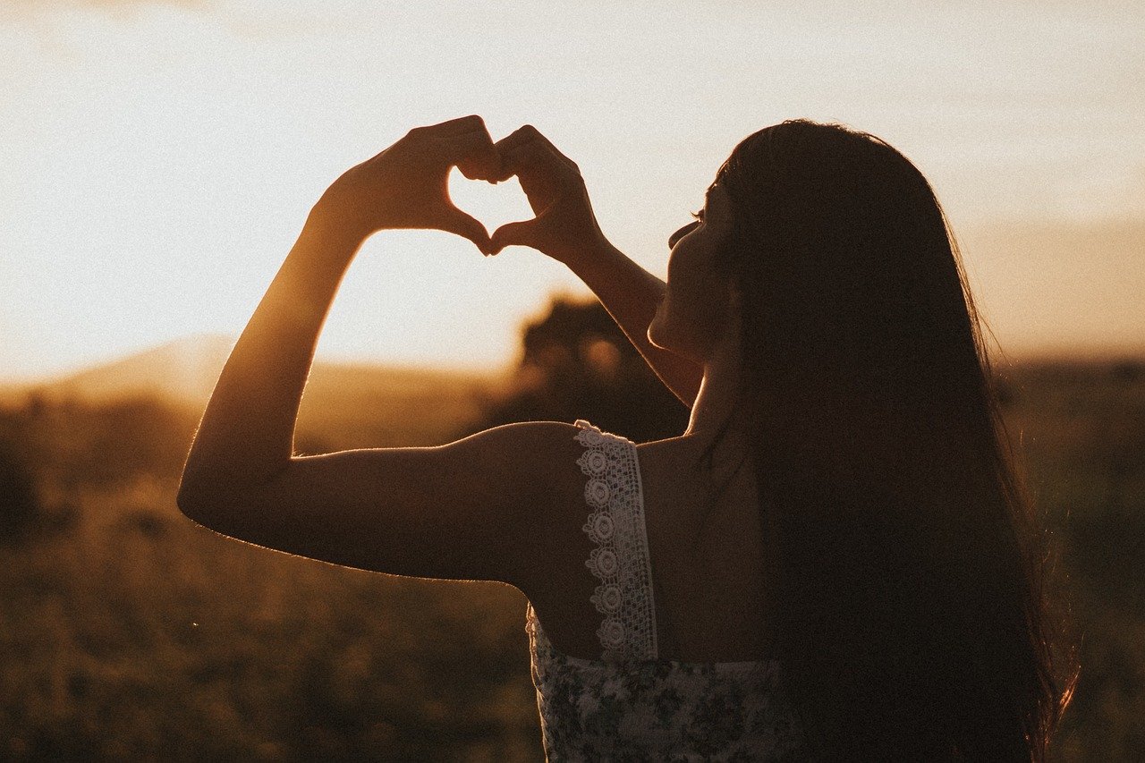 heart, woman, sunset